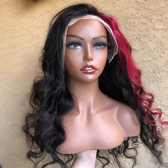 Sold ❗️ 100% Human Hair Lace Front Wig • Body Wave 28” Black w/ Hot Pink Stripe - Picture 2 of 15